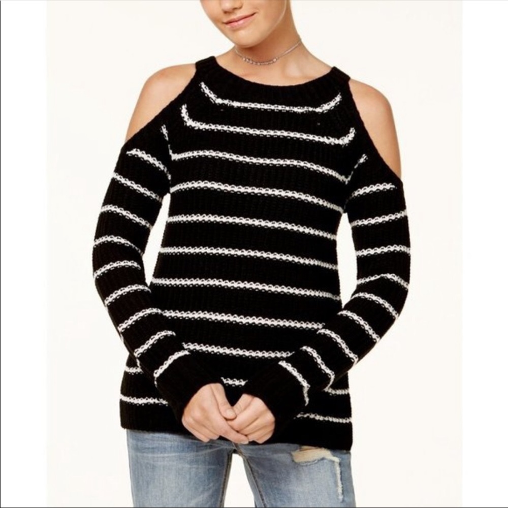 Hippie Rose Size Medium Black Cold Shoulder Striped Sweater